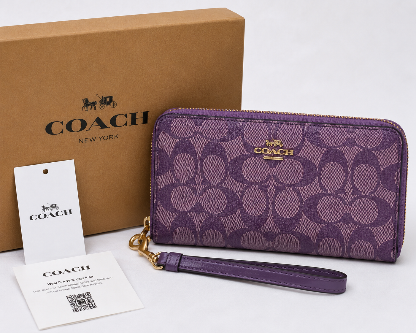 Authentic Coach Zip-Around Long Wallet with Strap (C4452) – Signature Purple