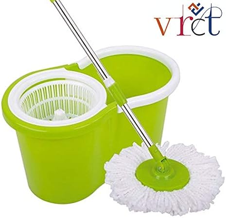 VRCT Spin Mop Wringer Bucket Set - for Home Kitchen Floor Cleaning - Wet/Dry Usage on Hardwood & Tile - Upgraded Self-Balanced Easy Press System with Washable Microfiber Mops Heads