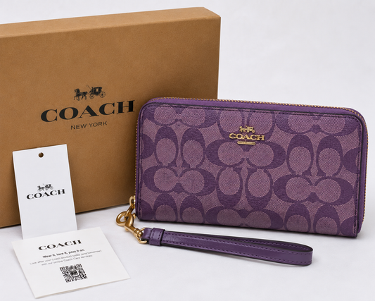 Authentic Coach Zip-Around Long Wallet with Strap (C4452) – Signature Purple