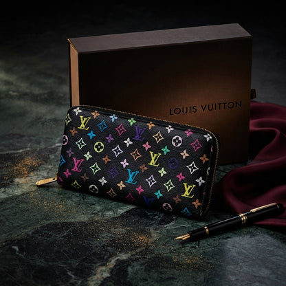 Louis Vuitton Black Monogram Multicolor Litchi Long Zippy Wallet Zip Around