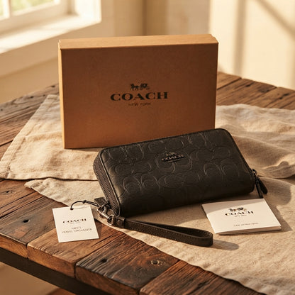 COACH Men's Travel Organizer | Double Zip Embossed Signature Leather Clutch