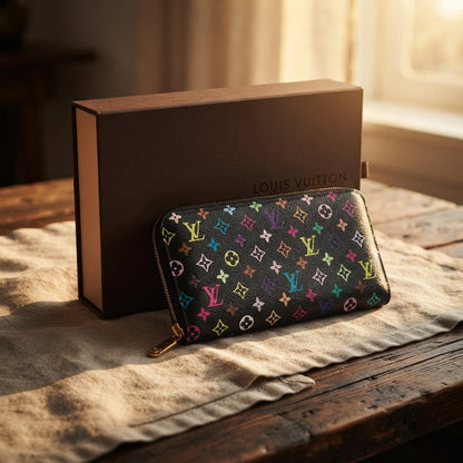 Louis Vuitton Black Monogram Multicolor Litchi Long Zippy Wallet Zip Around