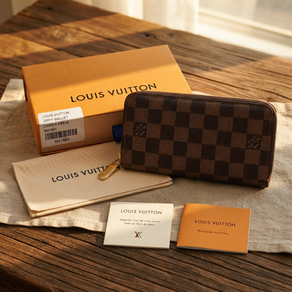 Louis Vuitton Damier Ebene Zippy Zip Around Long Wallet Brown Check Print