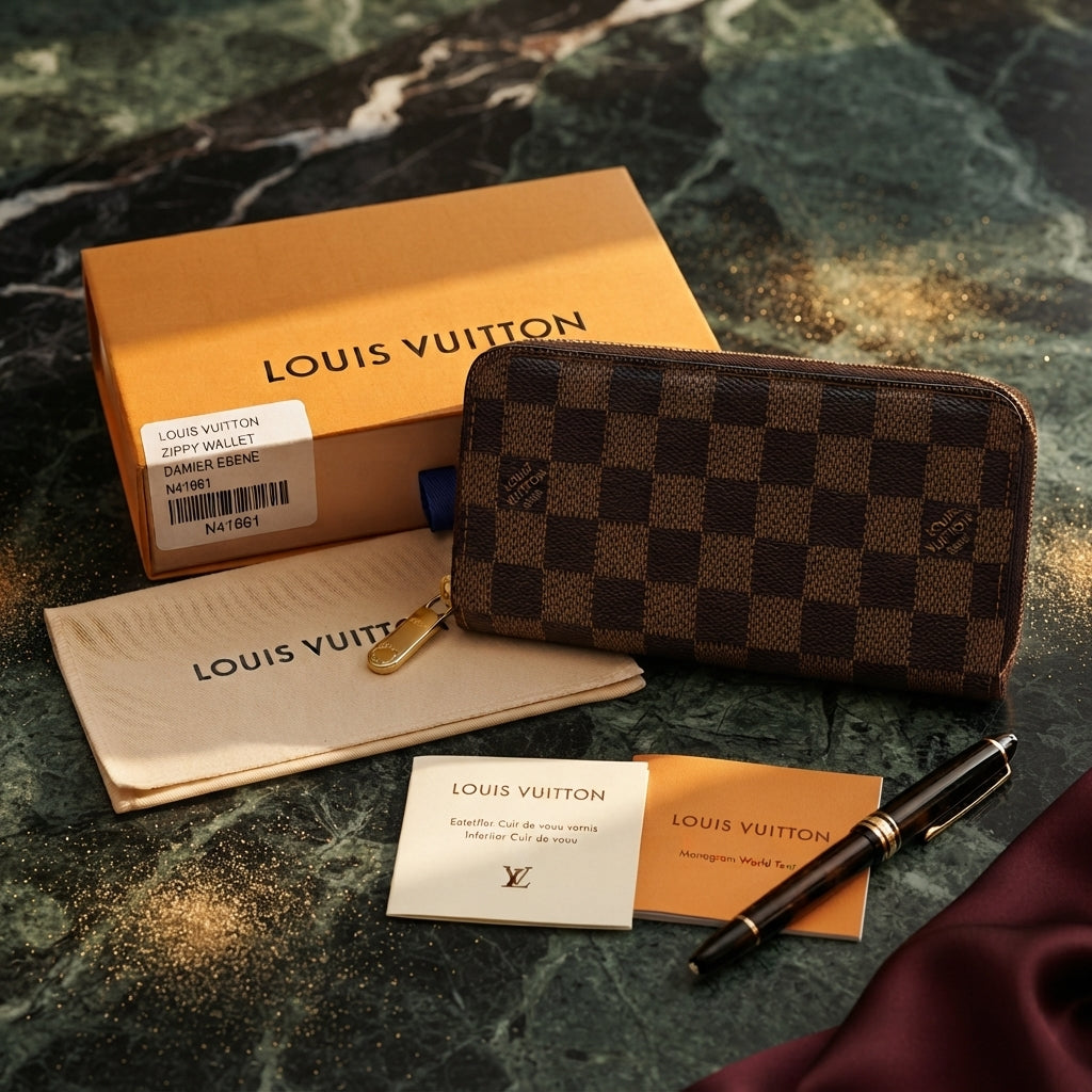 Louis Vuitton Damier Ebene Zippy Zip Around Long Wallet Brown Check Print