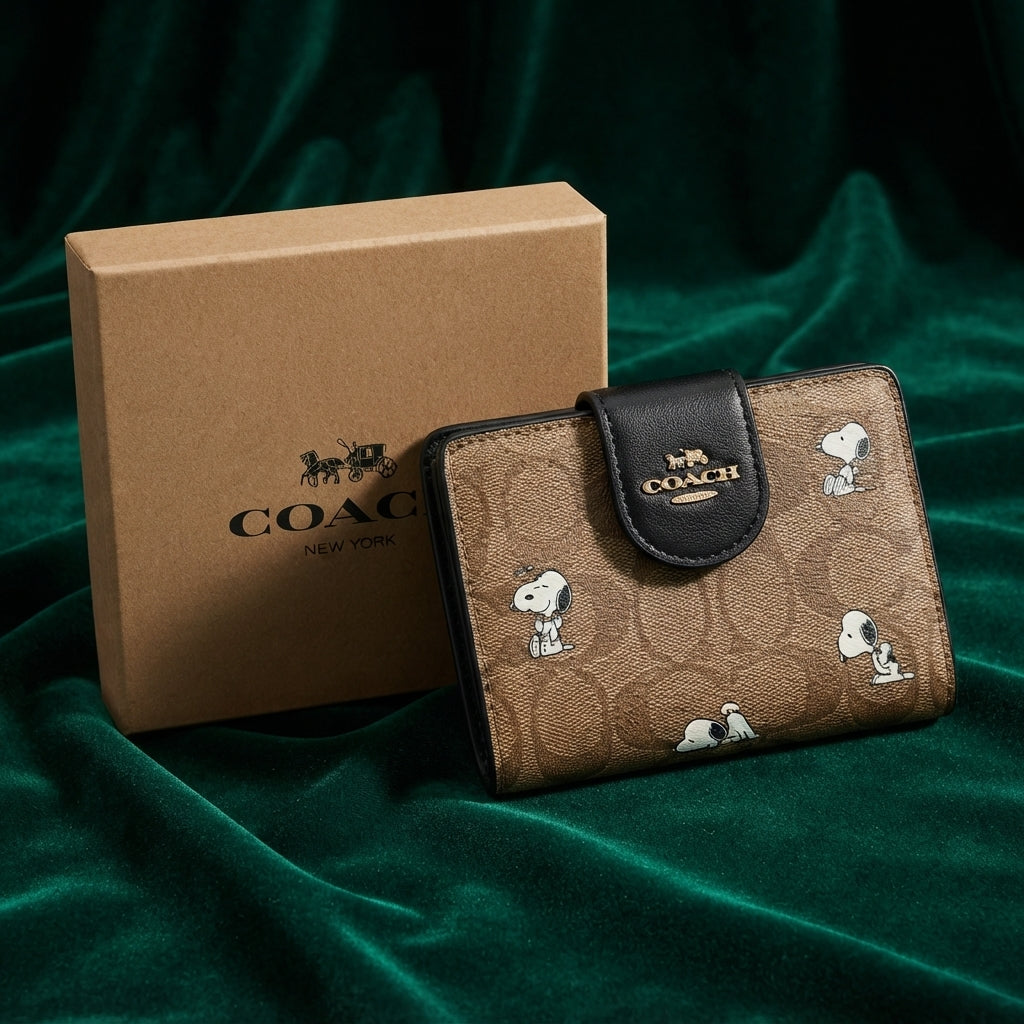 Coach X Peanuts Snap Wallet In Signature Canvas With Snoopy Print CBN32