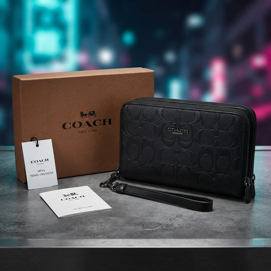 COACH Men's Travel Organizer | Double Zip Embossed Signature Leather Clutch
