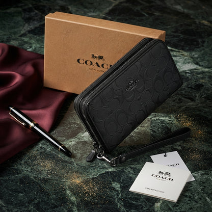 COACH Men's Travel Organizer | Double Zip Embossed Signature Leather Clutch