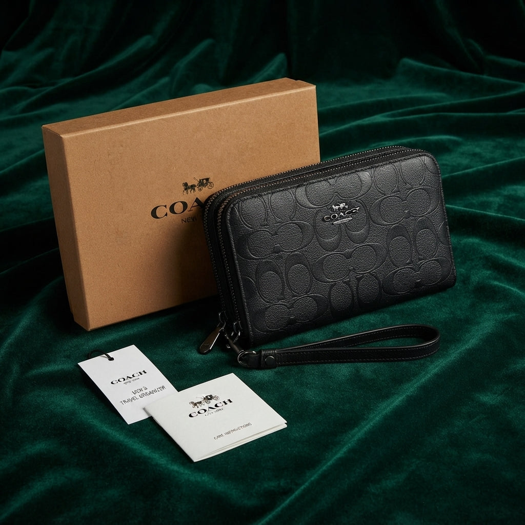 COACH Men's Travel Organizer | Double Zip Embossed Signature Leather Clutch