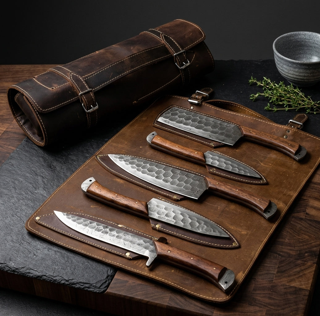 Wildrose 5-Piece Handforged Damascus Chef Knife Set with Leather Roll