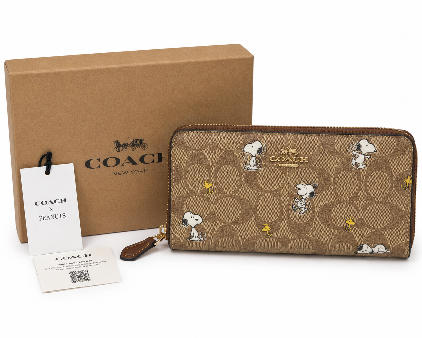 Authantic COACH PEANUTS Long Zip around Wallet Snoopy Woodstock Khaki Signature